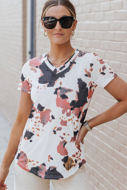 Cow Pattern Print Short Sleeve V Neck T Shirt