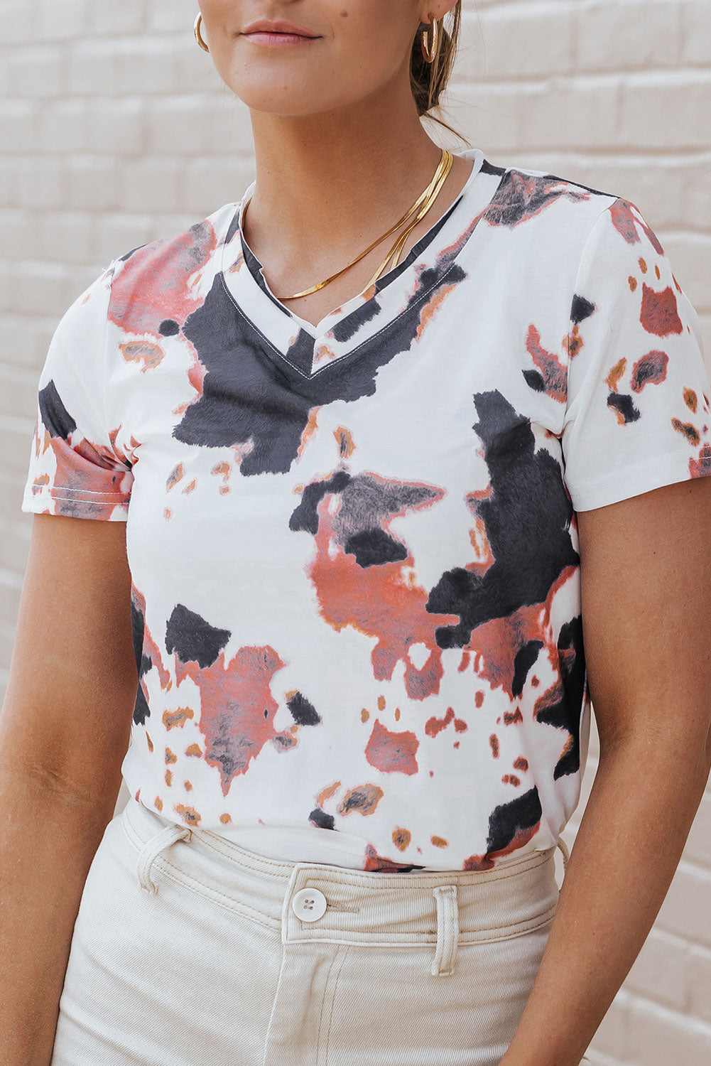 Cow Pattern Print Short Sleeve V Neck T Shirt