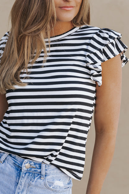 Stripe Print Tiered Ruffled Sleeve Tee