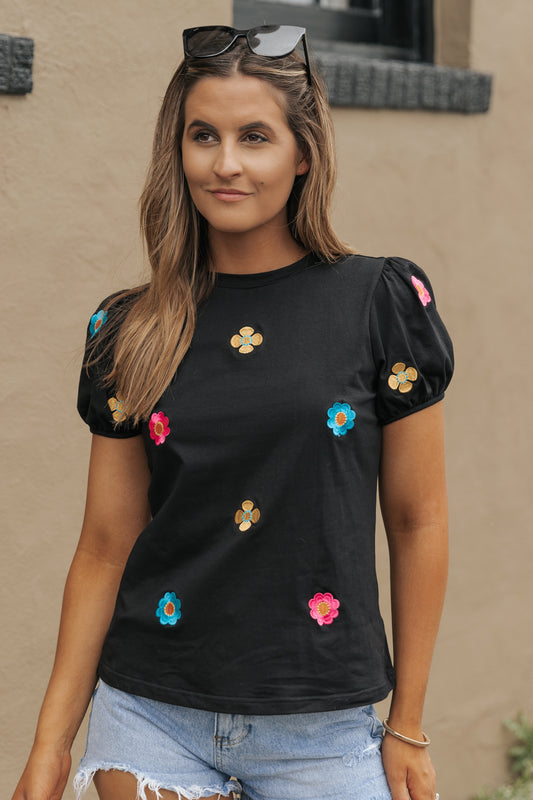 Black Embroidered Flower Short Puff Sleeve Tee