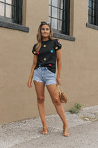 Black Embroidered Flower Short Puff Sleeve Tee