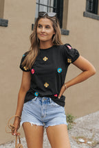 Black Embroidered Flower Short Puff Sleeve Tee
