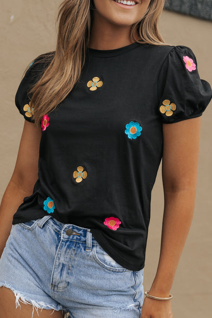Black Embroidered Flower Short Puff Sleeve Tee
