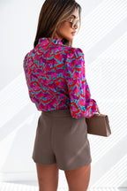 Multicolor Abstract Floral Button Up Long Puff Sleeve Shirt