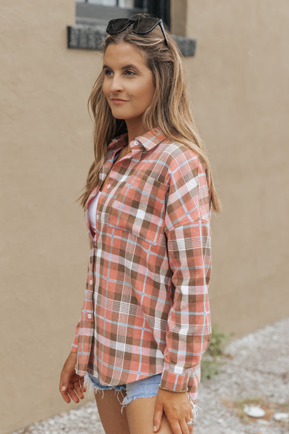 Pink Drop Shoulder Rounded Hem Plaid Pattern Shirt