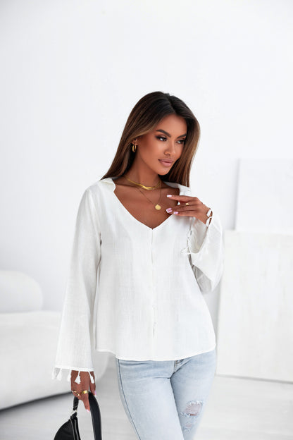 White V Neck Buttoned Tassel Bell Sleeve Shirt