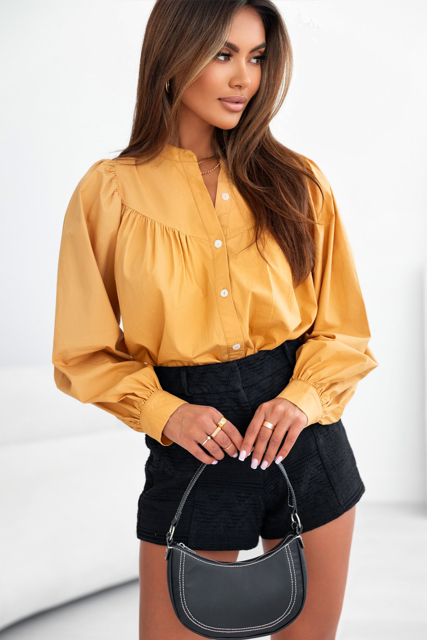Yellow Puff Sleeve Pleated Loose Shirt