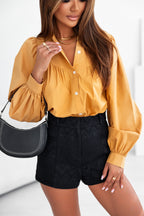 Yellow Puff Sleeve Pleated Loose Shirt