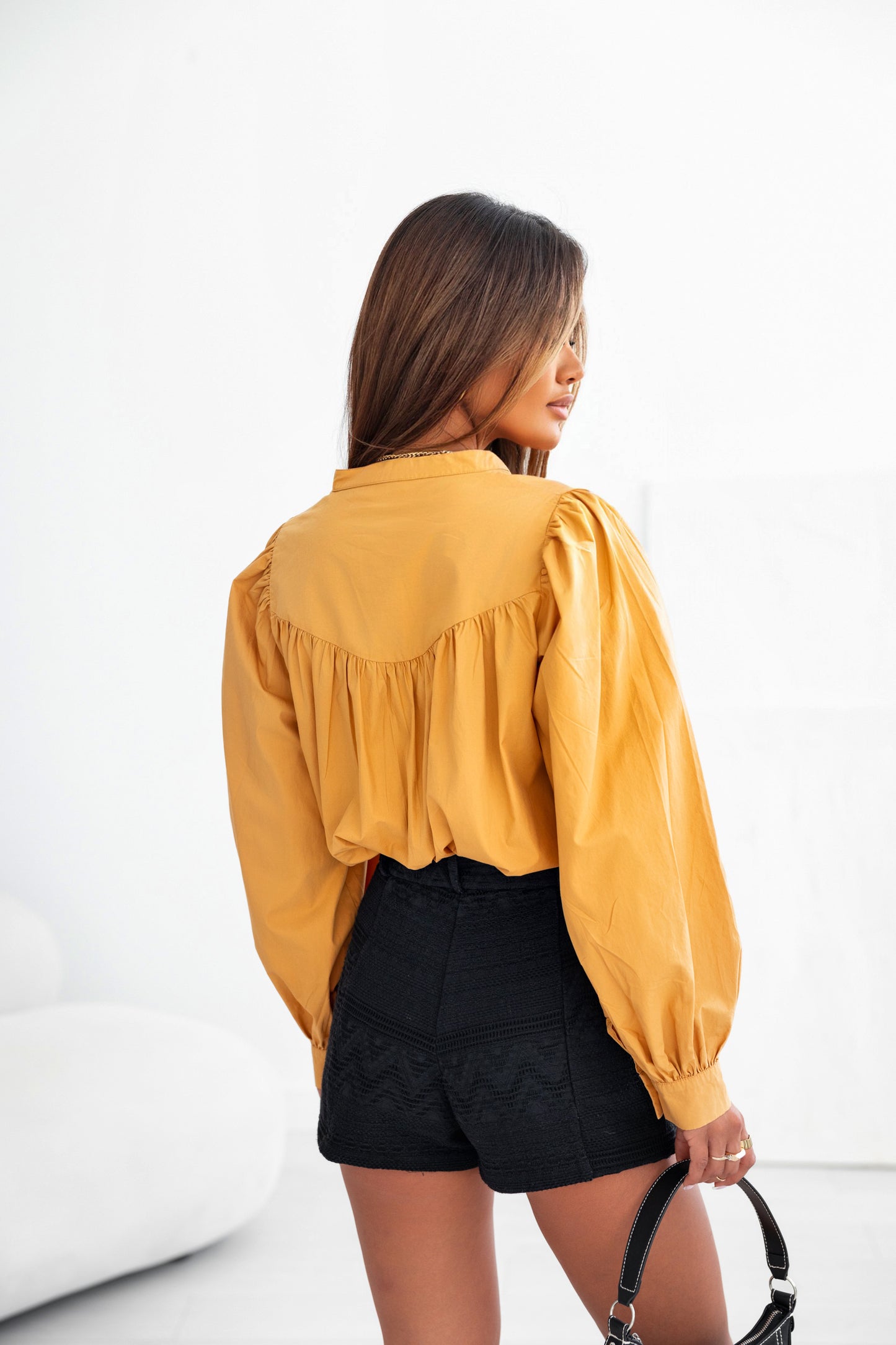 Yellow Puff Sleeve Pleated Loose Shirt