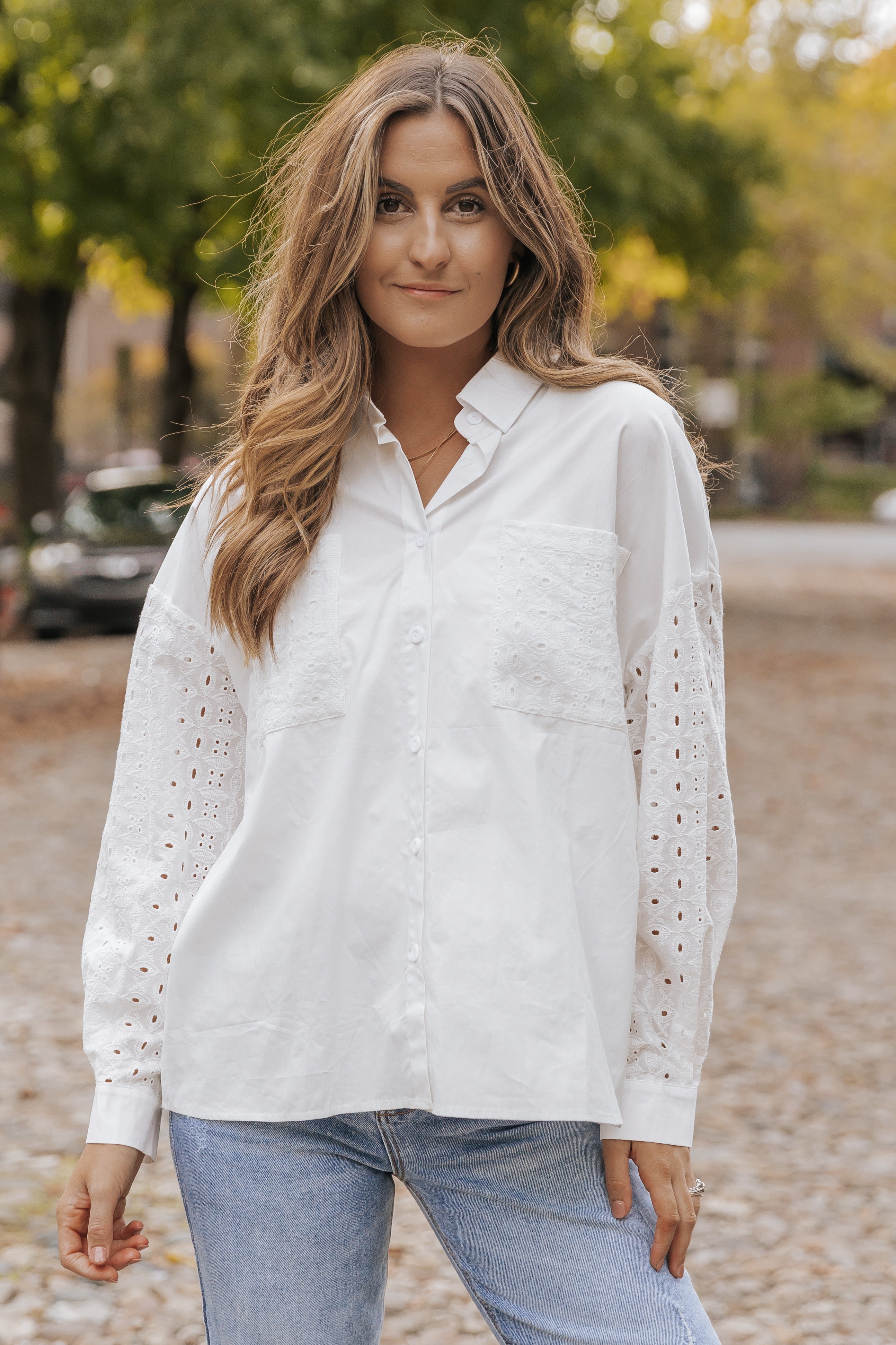 White Lace Patch Chest Pocket Button-Up Shirt