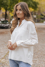 White Lace Patch Chest Pocket Button-Up Shirt