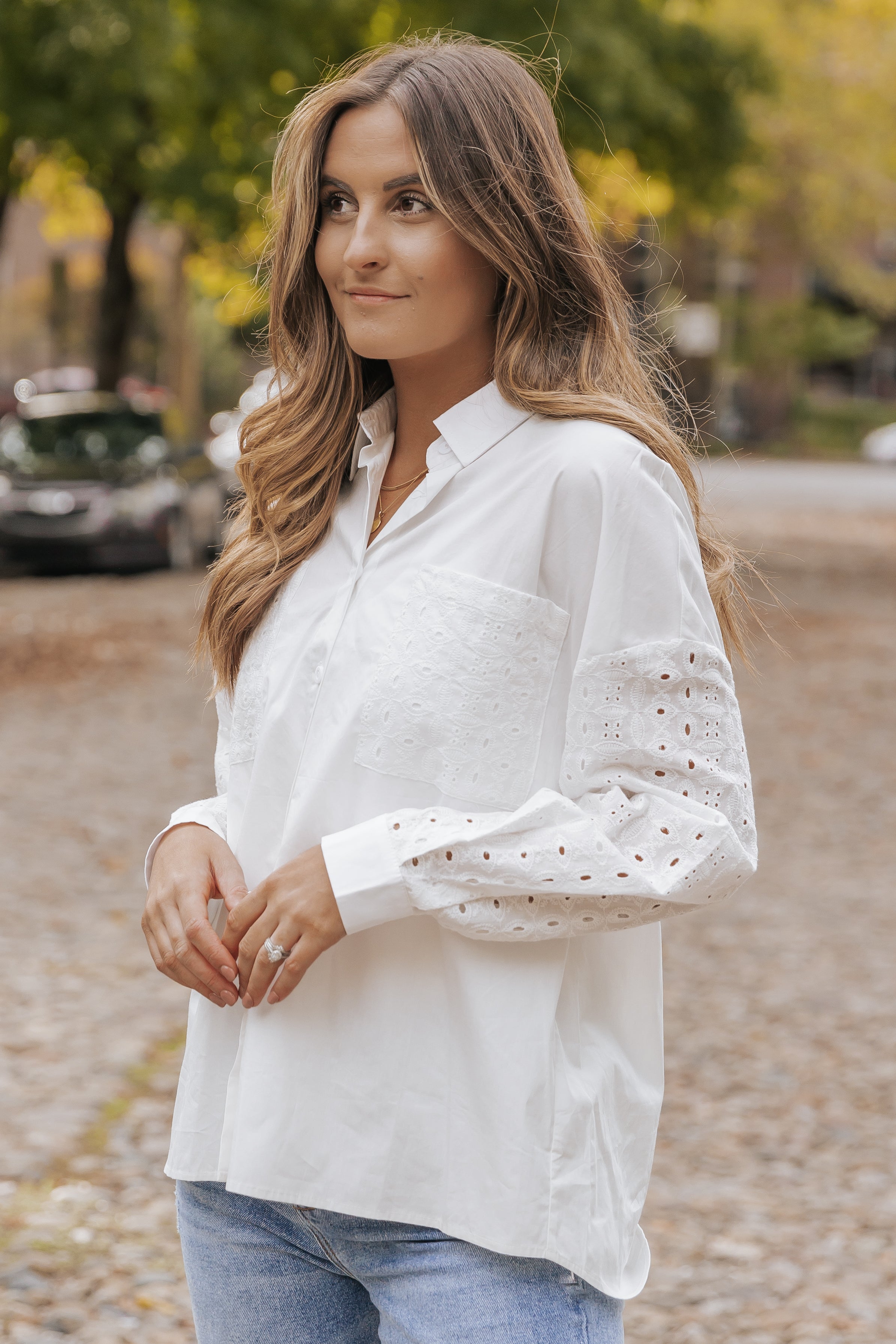 White Lace Patch Chest Pocket Button-Up Shirt