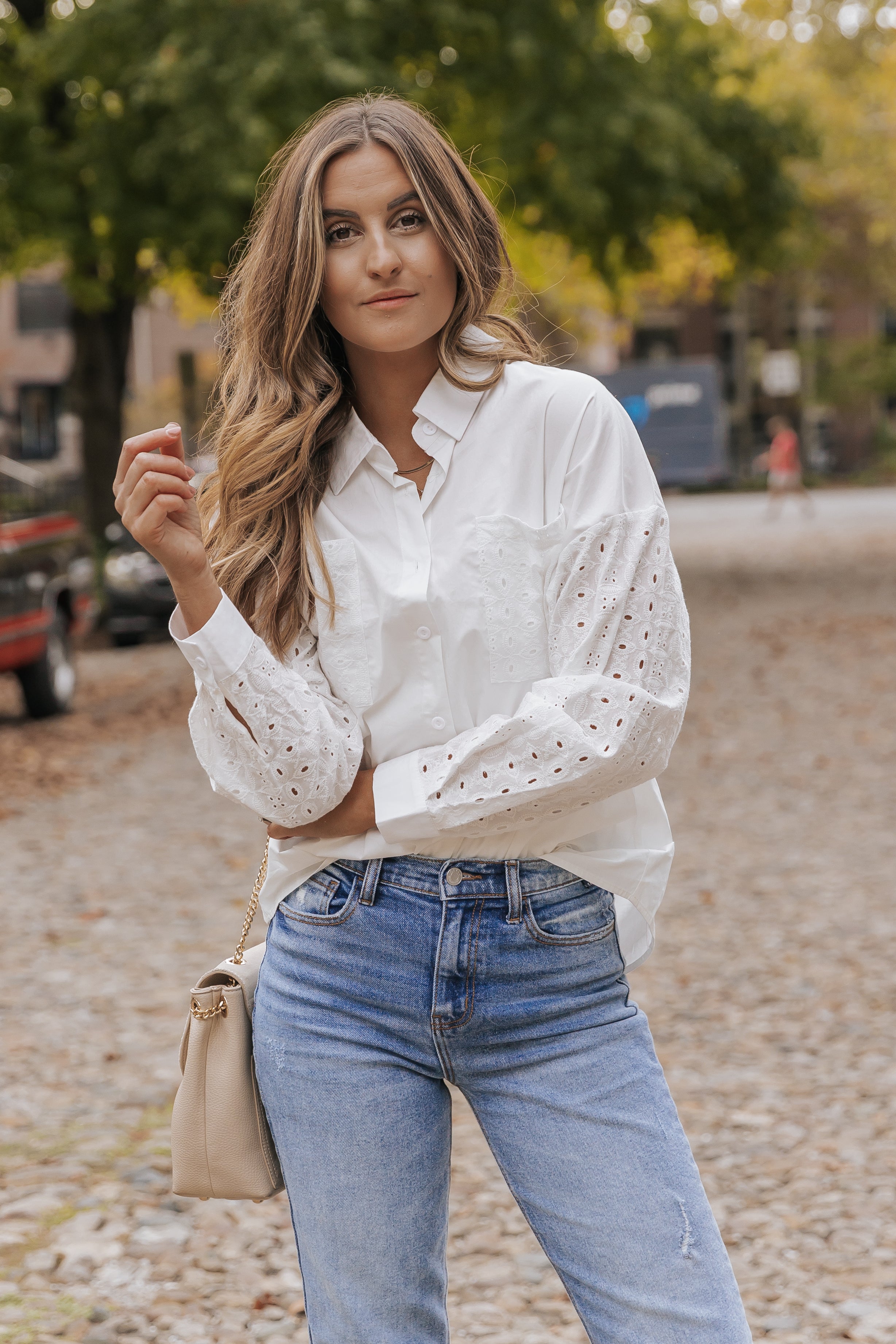White Lace Patch Chest Pocket Button-Up Shirt