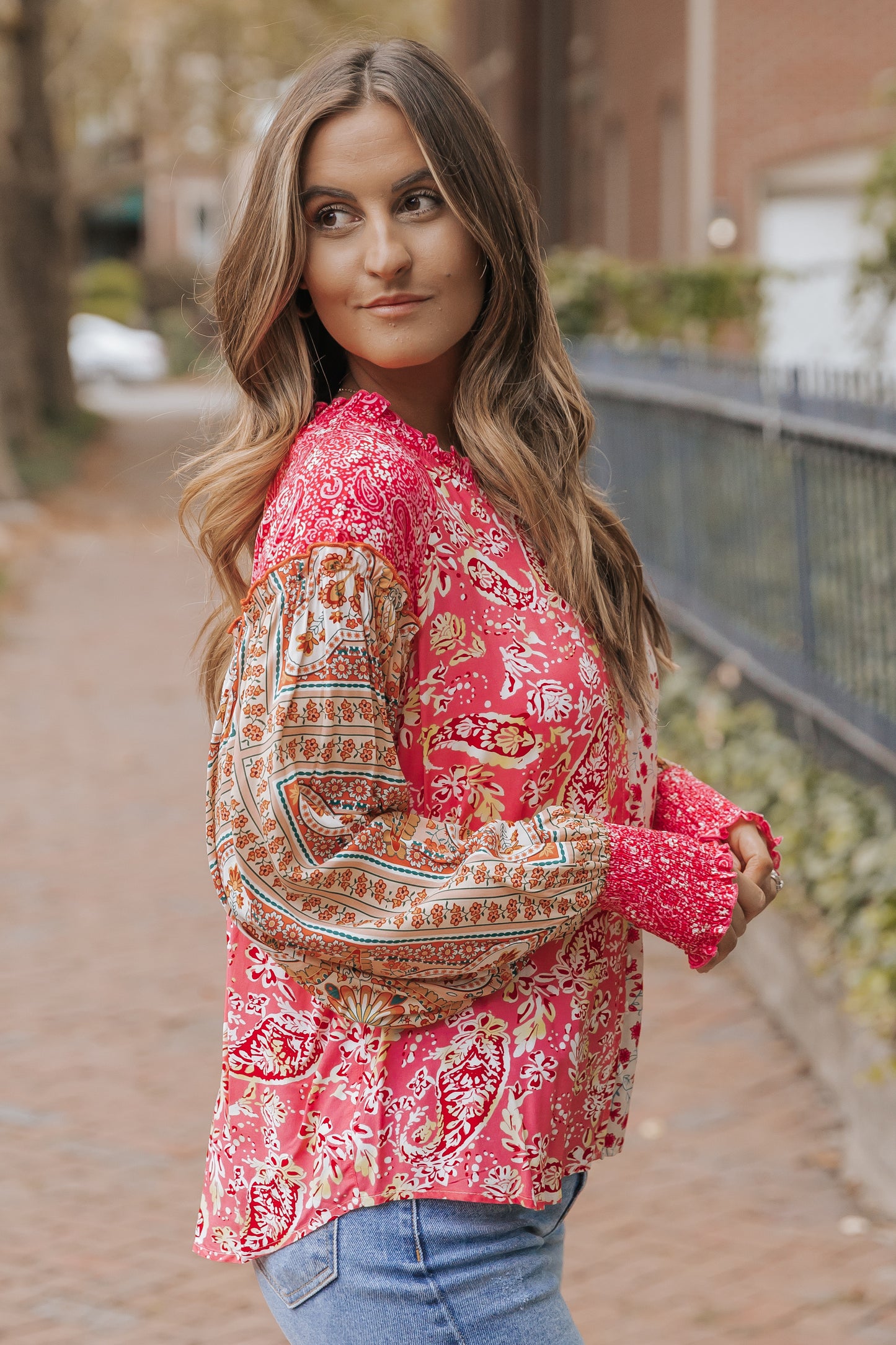Pink Mixed Floral Printed Puff Sleeve V-Neck Shirt