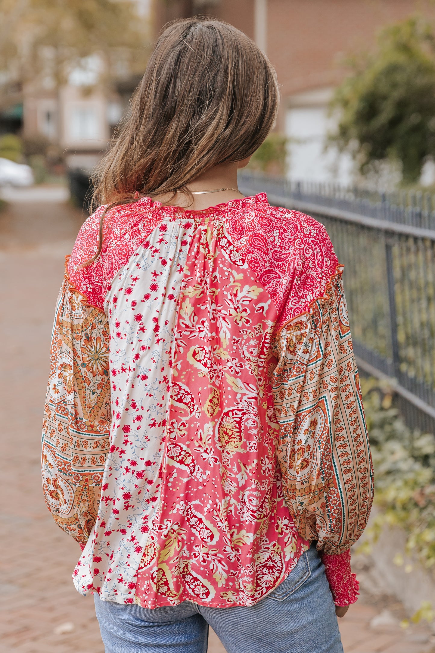 Pink Mixed Floral Printed Puff Sleeve V-Neck Shirt