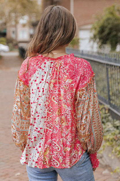 Pink Mixed Floral Printed Puff Sleeve V-Neck Shirt