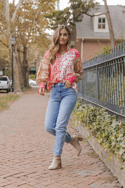 Pink Mixed Floral Printed Puff Sleeve V-Neck Shirt