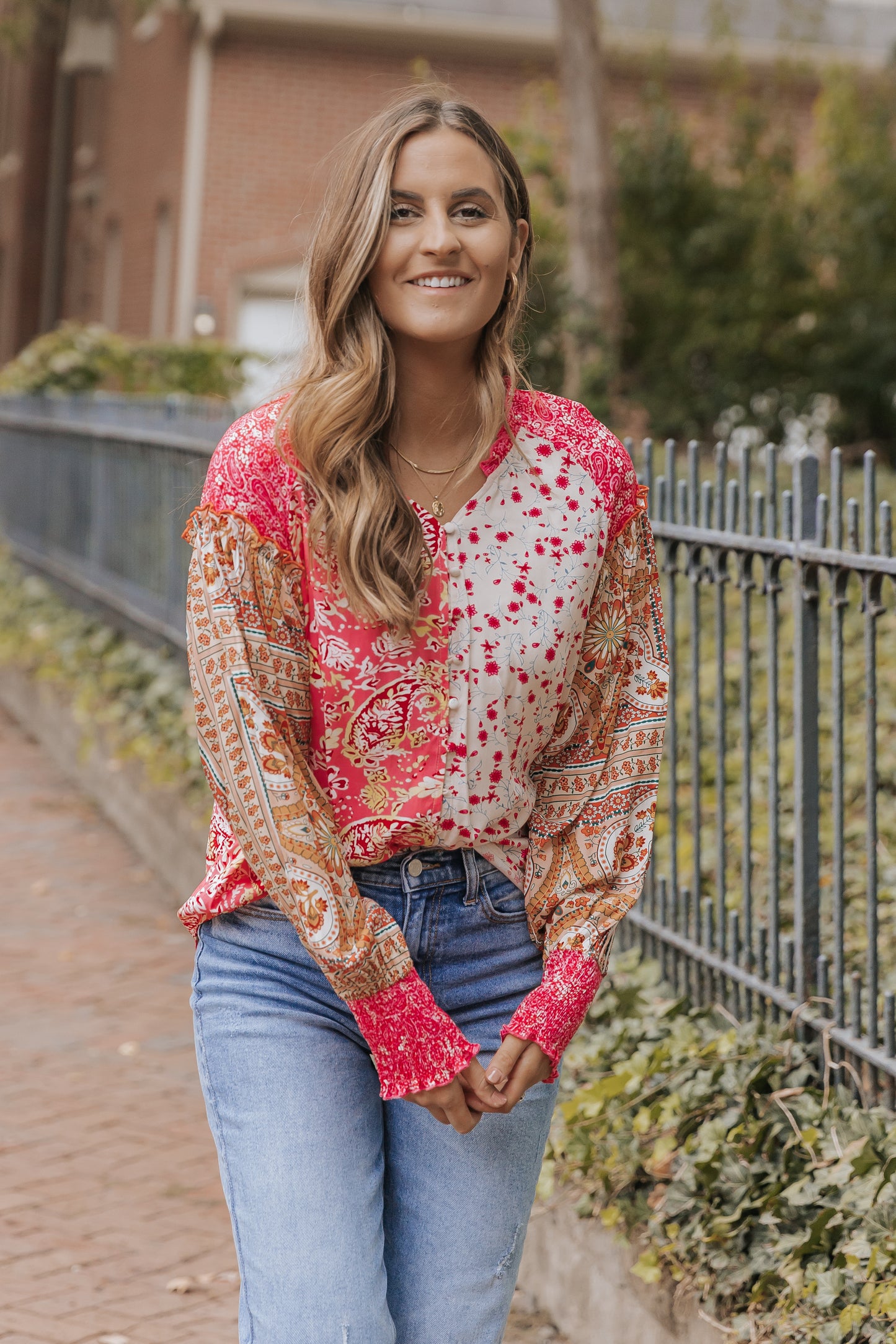Pink Mixed Floral Printed Puff Sleeve V-Neck Shirt