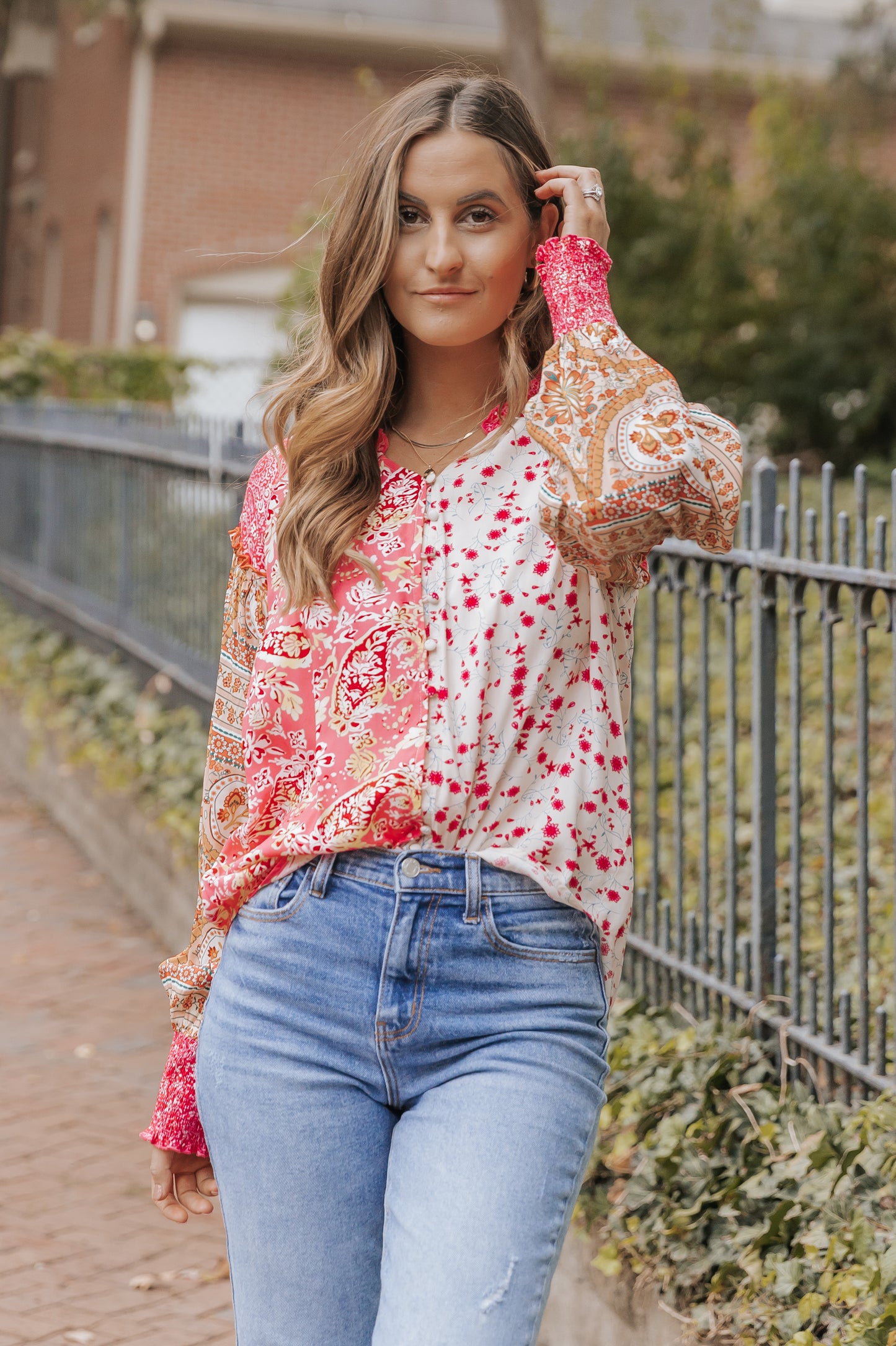 Pink Mixed Floral Printed Puff Sleeve V-Neck Shirt