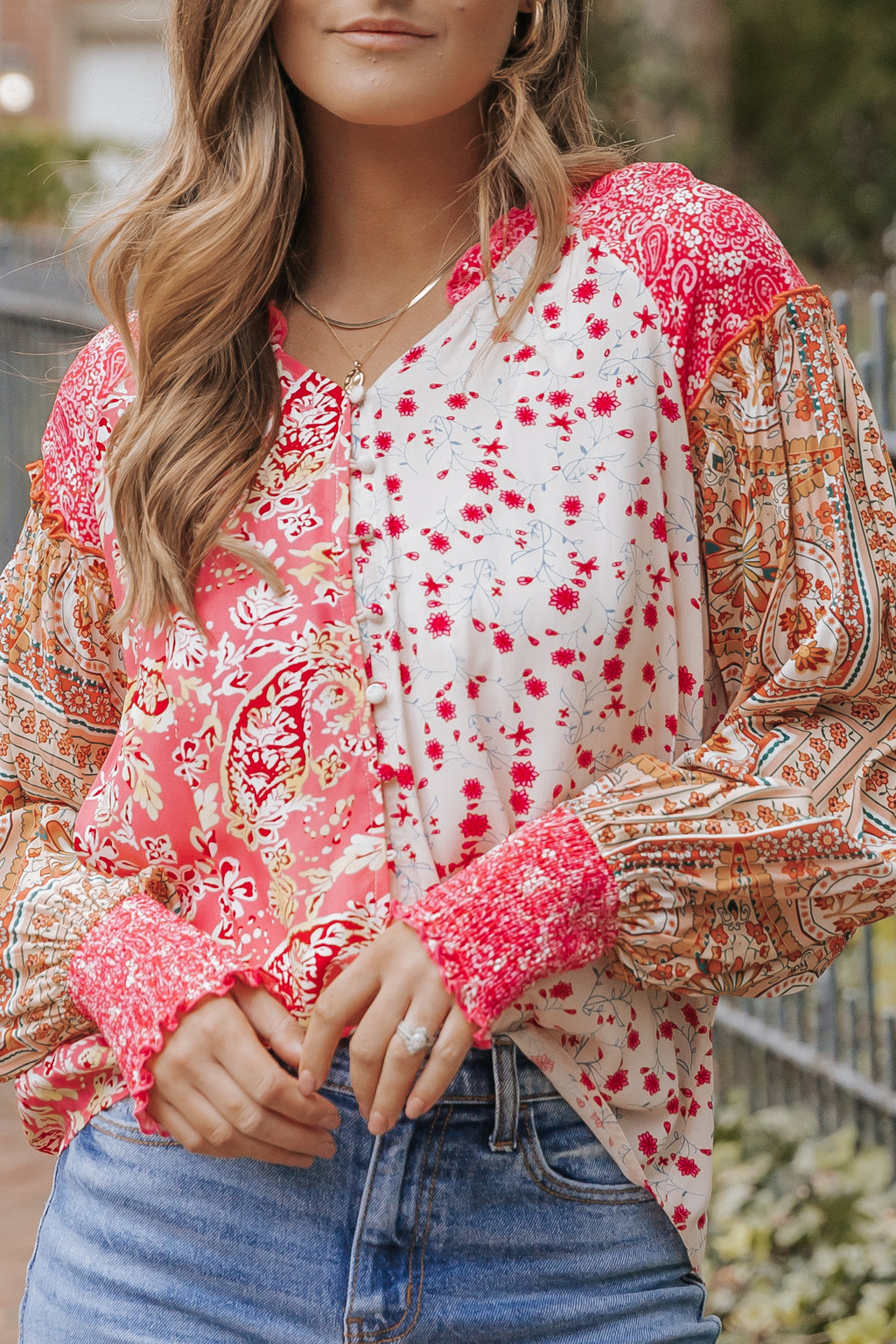 Pink Mixed Floral Printed Puff Sleeve V-Neck Shirt