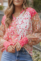 Pink Mixed Floral Printed Puff Sleeve V-Neck Shirt