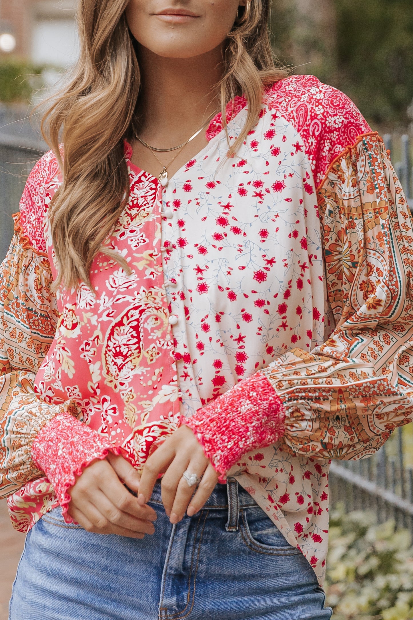 Pink Mixed Floral Printed Puff Sleeve V-Neck Shirt