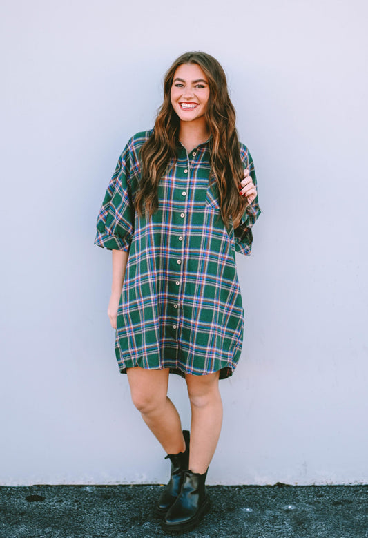 Green Oversized Plaid Half Sleeve Tunic Shirt