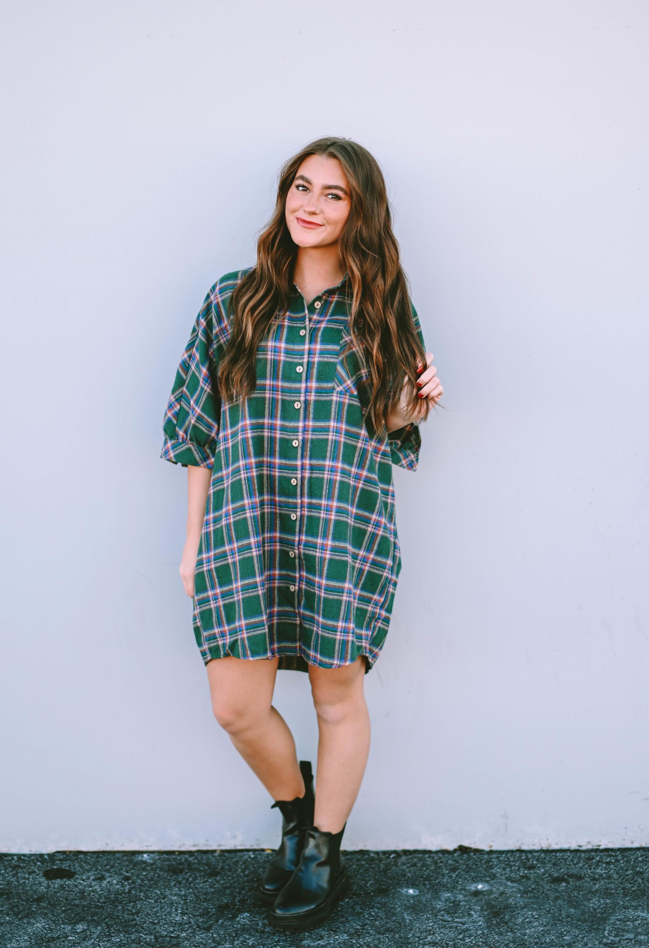Green Oversized Plaid Half Sleeve Tunic Shirt