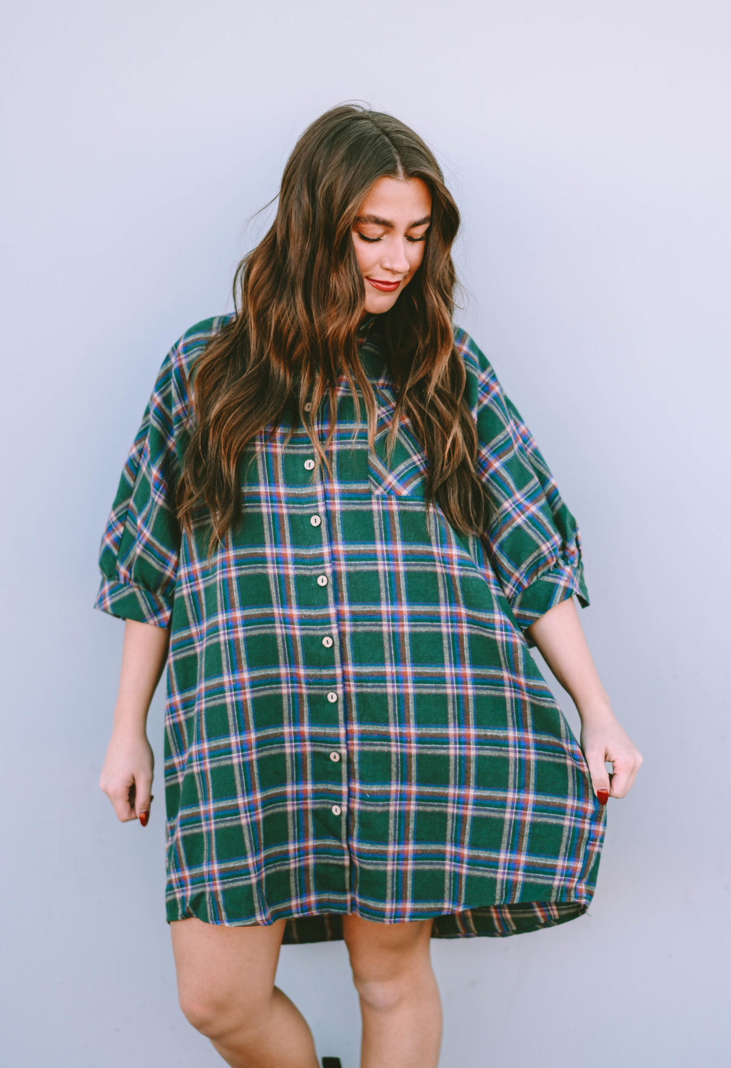 Green Oversized Plaid Half Sleeve Tunic Shirt
