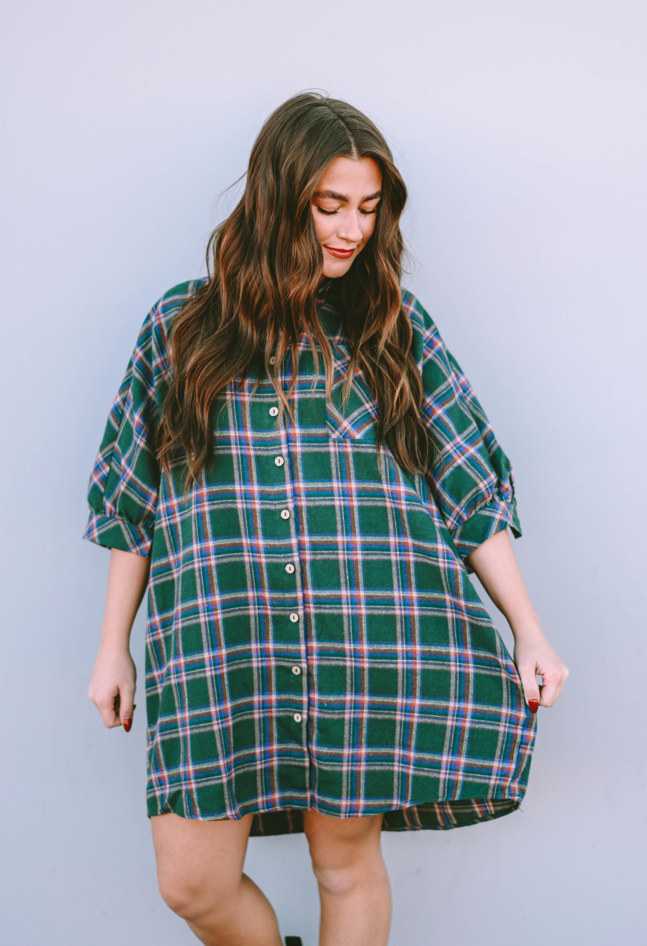 Green Oversized Plaid Half Sleeve Tunic Shirt