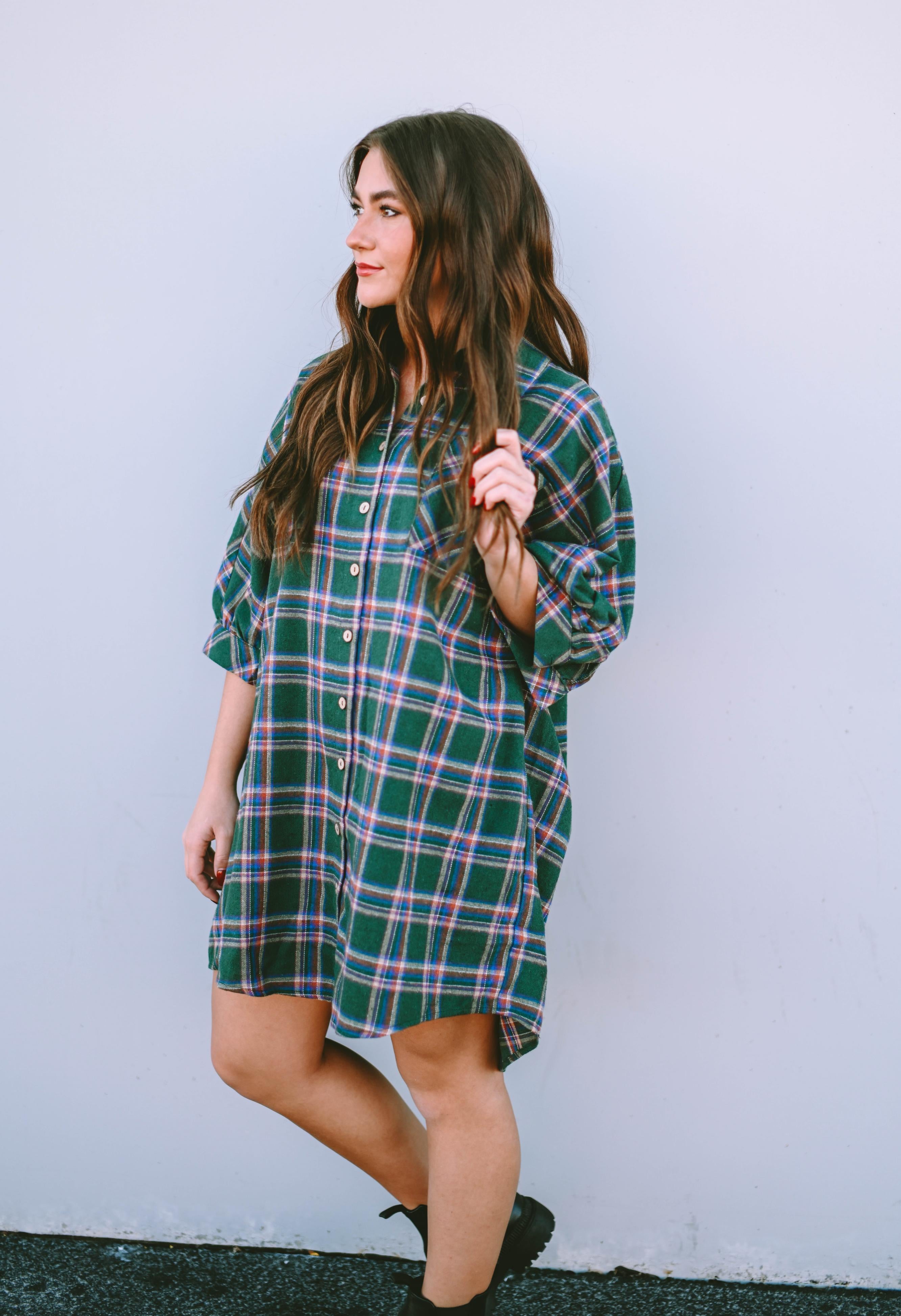 Green Oversized Plaid Half Sleeve Tunic Shirt