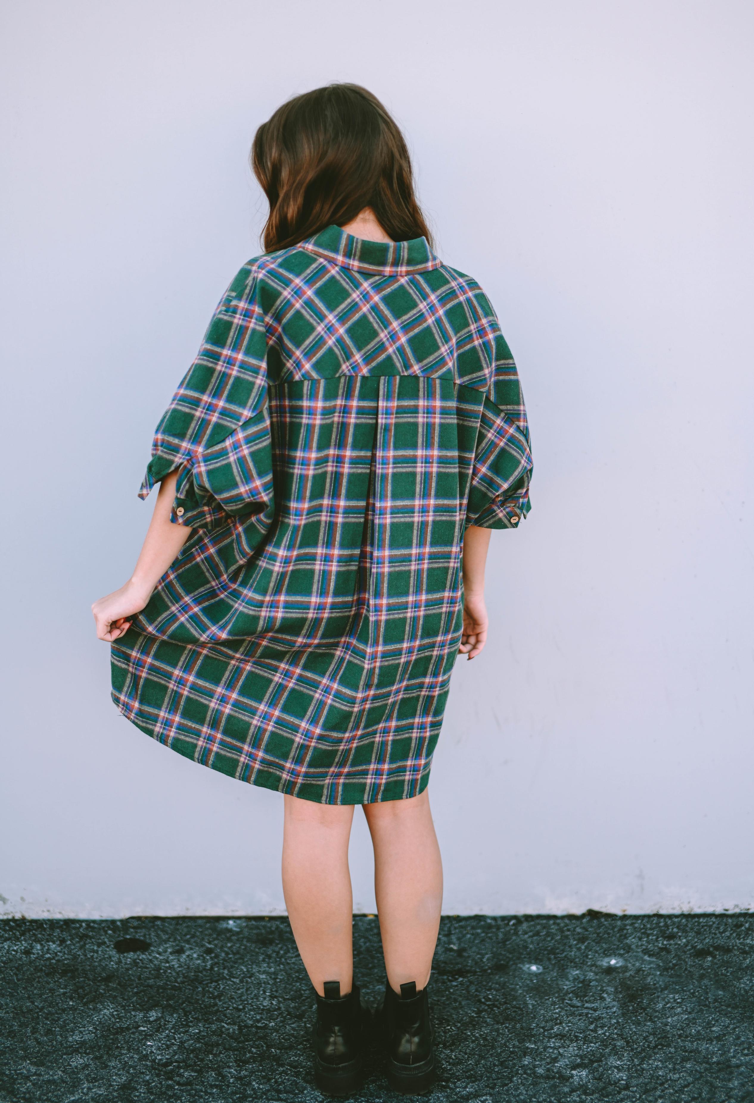 Green Oversized Plaid Half Sleeve Tunic Shirt