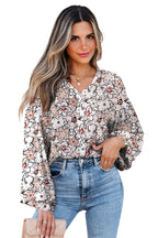 Khaki Bold Floral Print Frilled Puff Sleeve Button Down Shirt