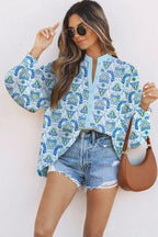 Sky Blue Paisley Print Puff Sleeve Loose Shirt