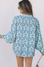 Sky Blue Paisley Print Puff Sleeve Loose Shirt