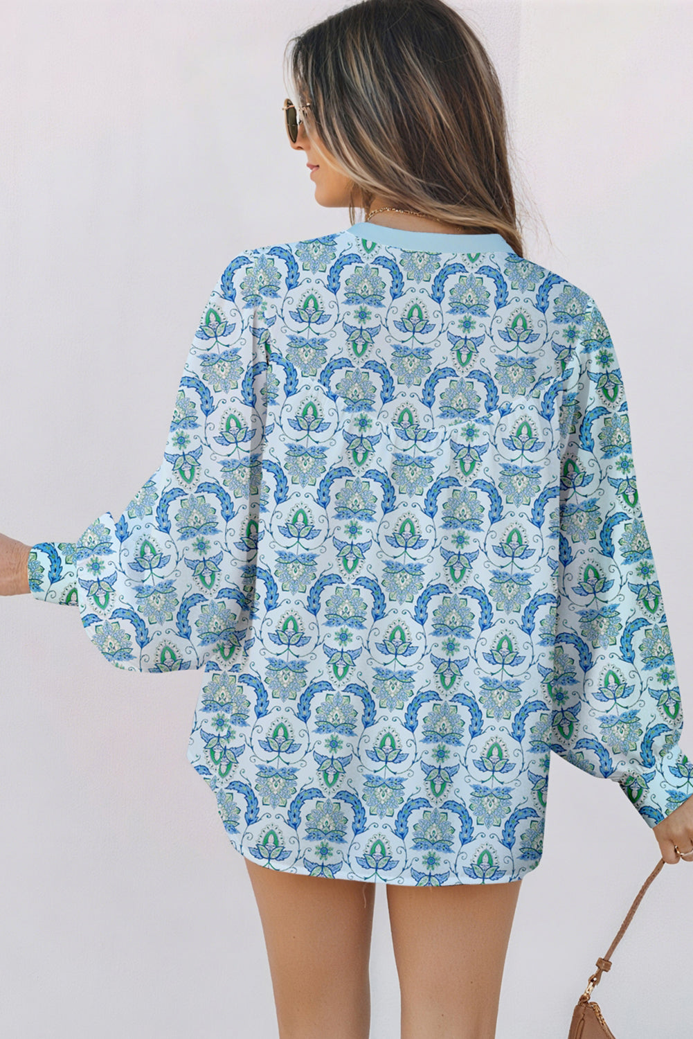 Sky Blue Paisley Print Puff Sleeve Loose Shirt