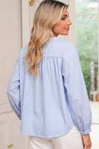Sky Blue Stripe Floral Embroidered Billowy Sleeve Tunic Baggy Shirt