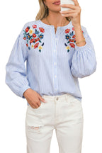 Sky Blue Stripe Floral Embroidered Billowy Sleeve Tunic Baggy Shirt