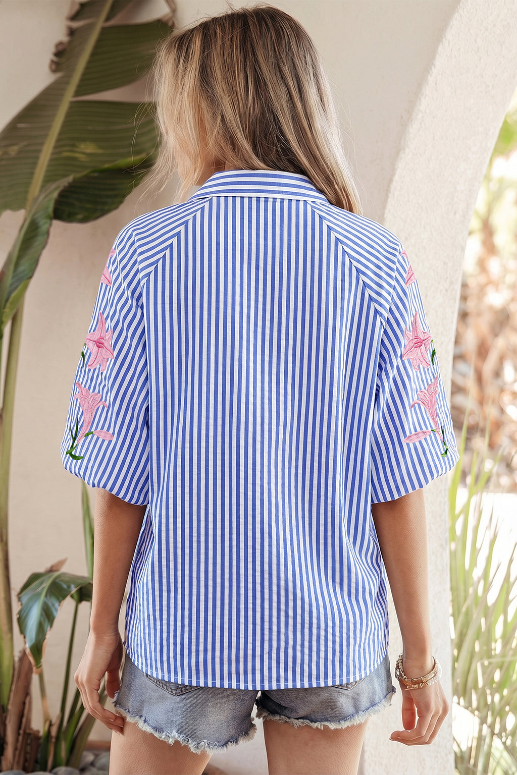 Sky Blue Stripe Lily Floral Embroidered Puff Sleeve Button Down Shirt