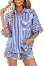 Sky Blue Stripe Lily Floral Embroidered Puff Sleeve Button Down Shirt