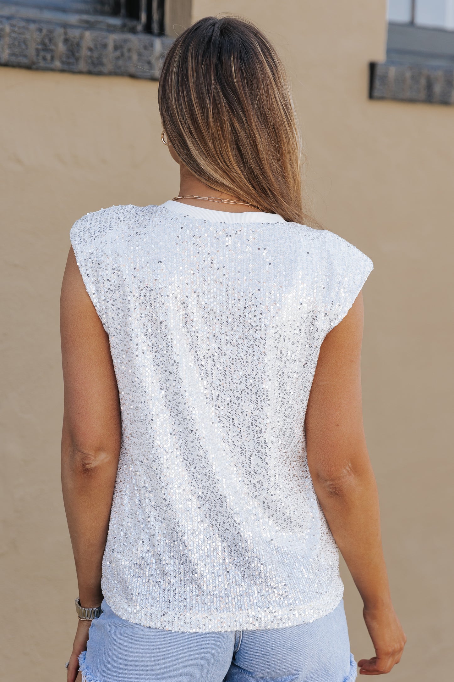 Apricot Sequin Round Neck Tank Top