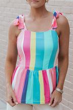 Multicolor Color Block Striped Bow Knot Straps Maxi Dress