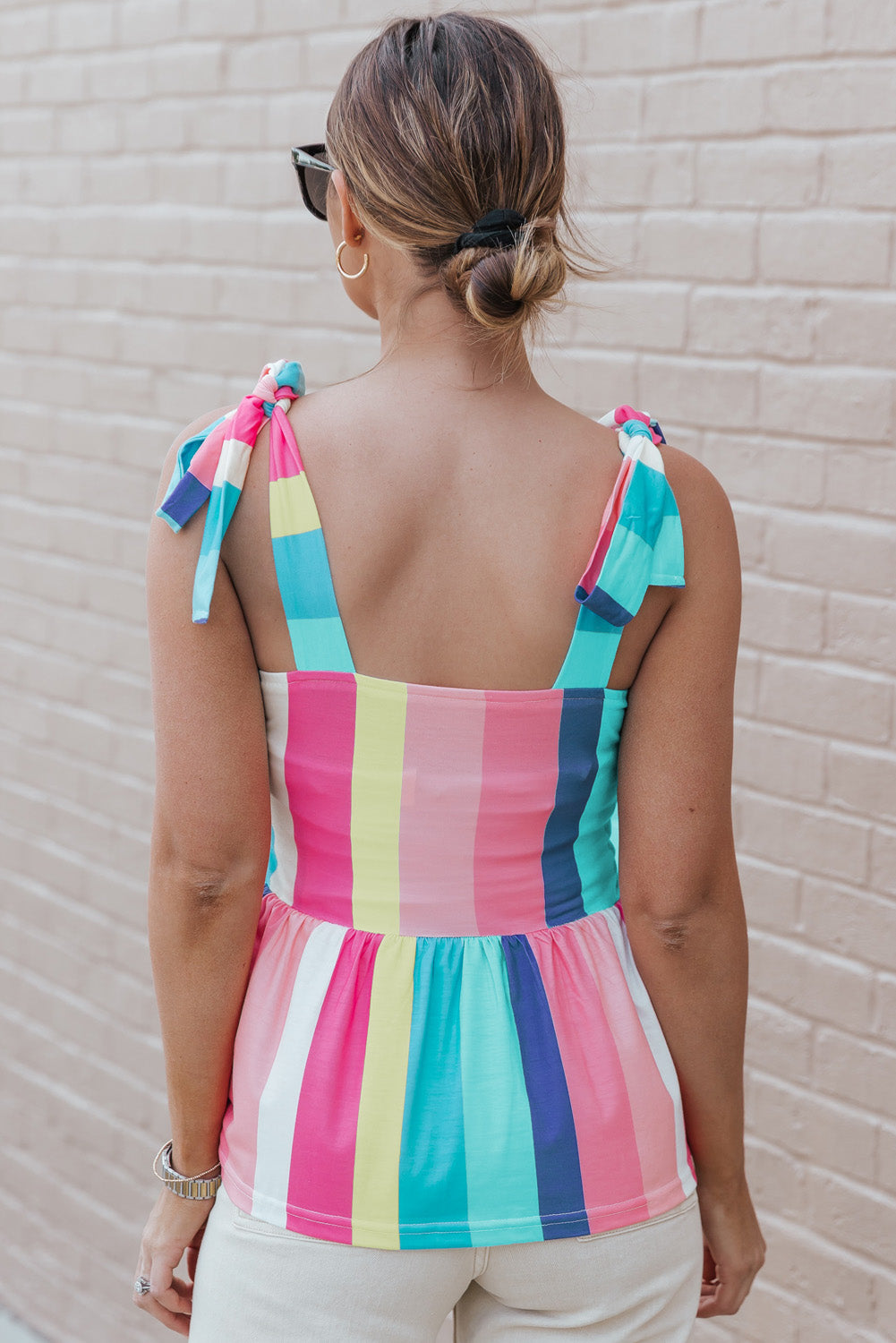 Multicolor Color Block Striped Bow Knot Straps Maxi Dress