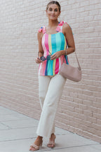 Multicolor Color Block Striped Bow Knot Straps Maxi Dress