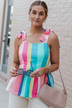 Multicolor Color Block Striped Bow Knot Straps Maxi Dress