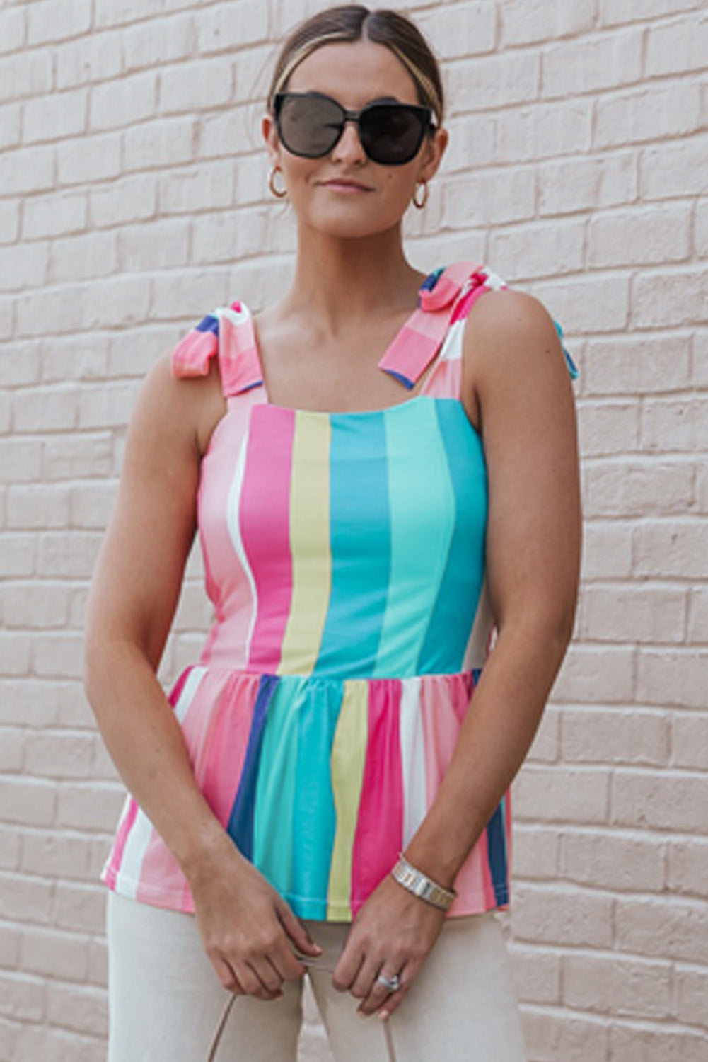 Multicolor Color Block Striped Bow Knot Straps Maxi Dress