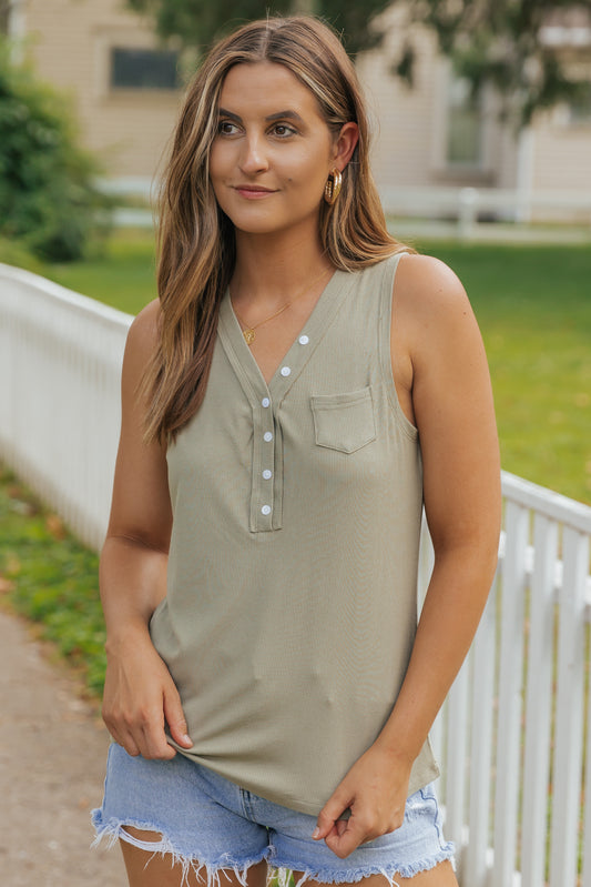 Ribbed Knit Buttoned Henley V Neck Tank Top