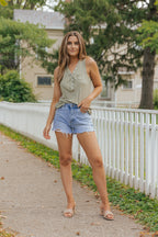Ribbed Knit Buttoned Henley V Neck Tank Top