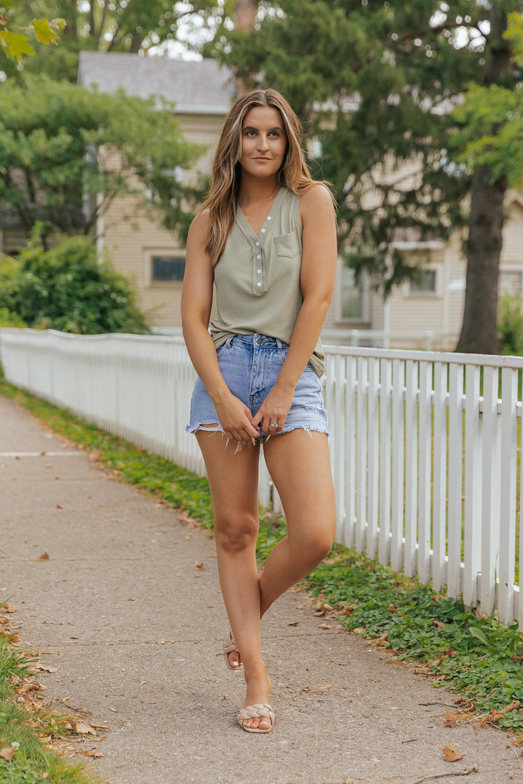 Ribbed Knit Buttoned Henley V Neck Tank Top