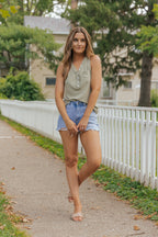 Ribbed Knit Buttoned Henley V Neck Tank Top